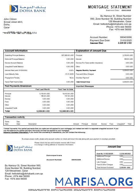 Printable Qatar Doha bank mortgage statement in Word and PDF formats example
